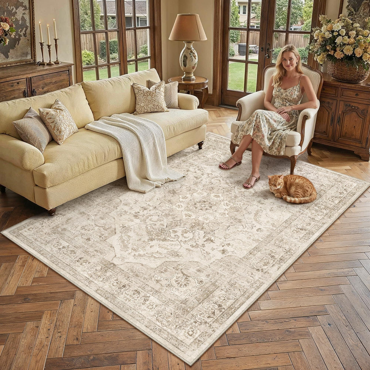 PureCozy 5x7 Beige Area Rug for Living Room Vintage Distressed
