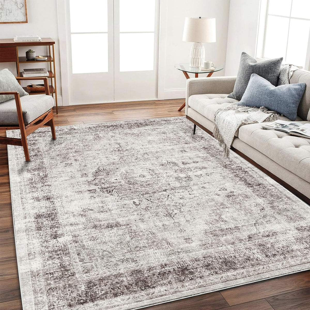 CHAMPLANT Area Rug 4x6 Washable Rug Gray Vintage Traditional Floor Cover Foldable Thin Retro Accent Indoor Distressed Non Slip Carpet Floral Print Mat Bedroom Living Room Bathroom