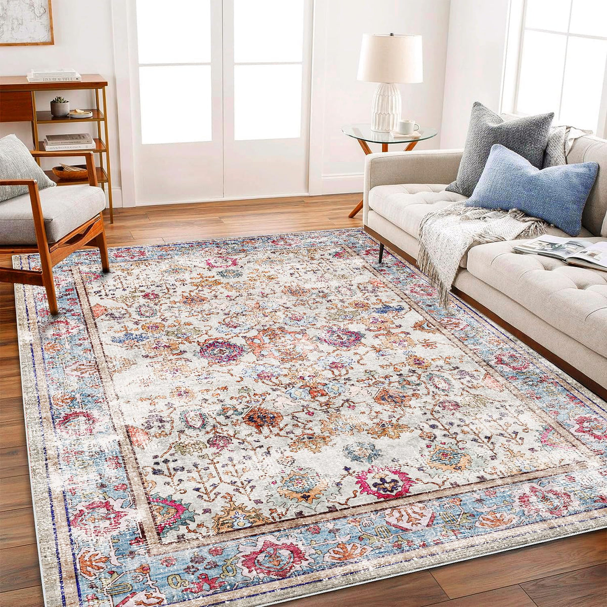 CHAMPLANT Area Rug 4x6 Washable Rug Gray Vintage Traditional Floor Cover Foldable Thin Retro Accent Indoor Distressed Non Slip Carpet Floral Print Mat Bedroom Living Room Bathroom