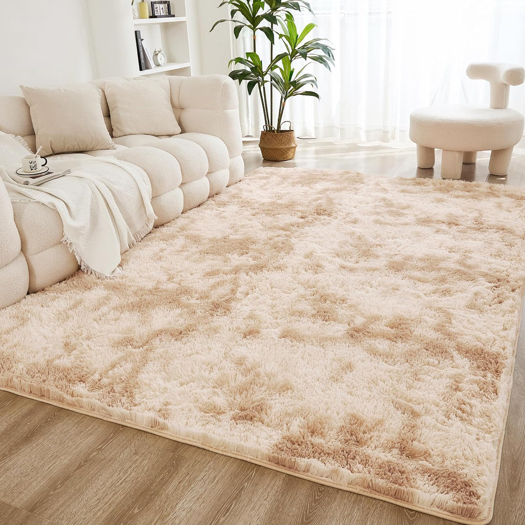 Litanika 4x6 Shag Area Rug for Bedroom, Tie-Dyed Beige Plush Rug