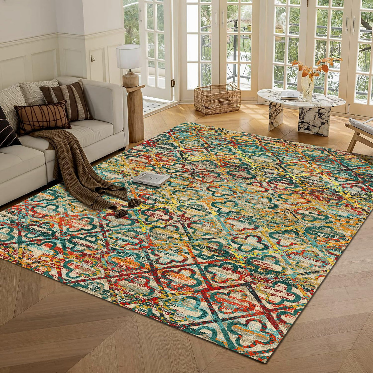 RUGSURE Washable Area Rug - 1/6 Thick - Stain & Water Resistant Non-Slip - Resistant Rug for Living Room, Bedroom, Nursery, Pet & Child Friendly, Vintage Charm Area Rugs (Grey+LightTeal, 3' x 5 ')