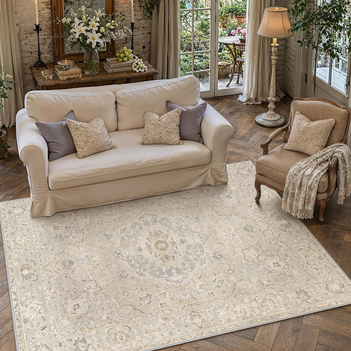8x10 Beige Area Rug Vintage Carpet