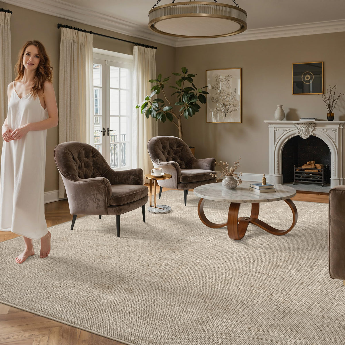 Valenrug Beige 8x10 Area Rugs for Living Room, Large Washable Rug Non Slip