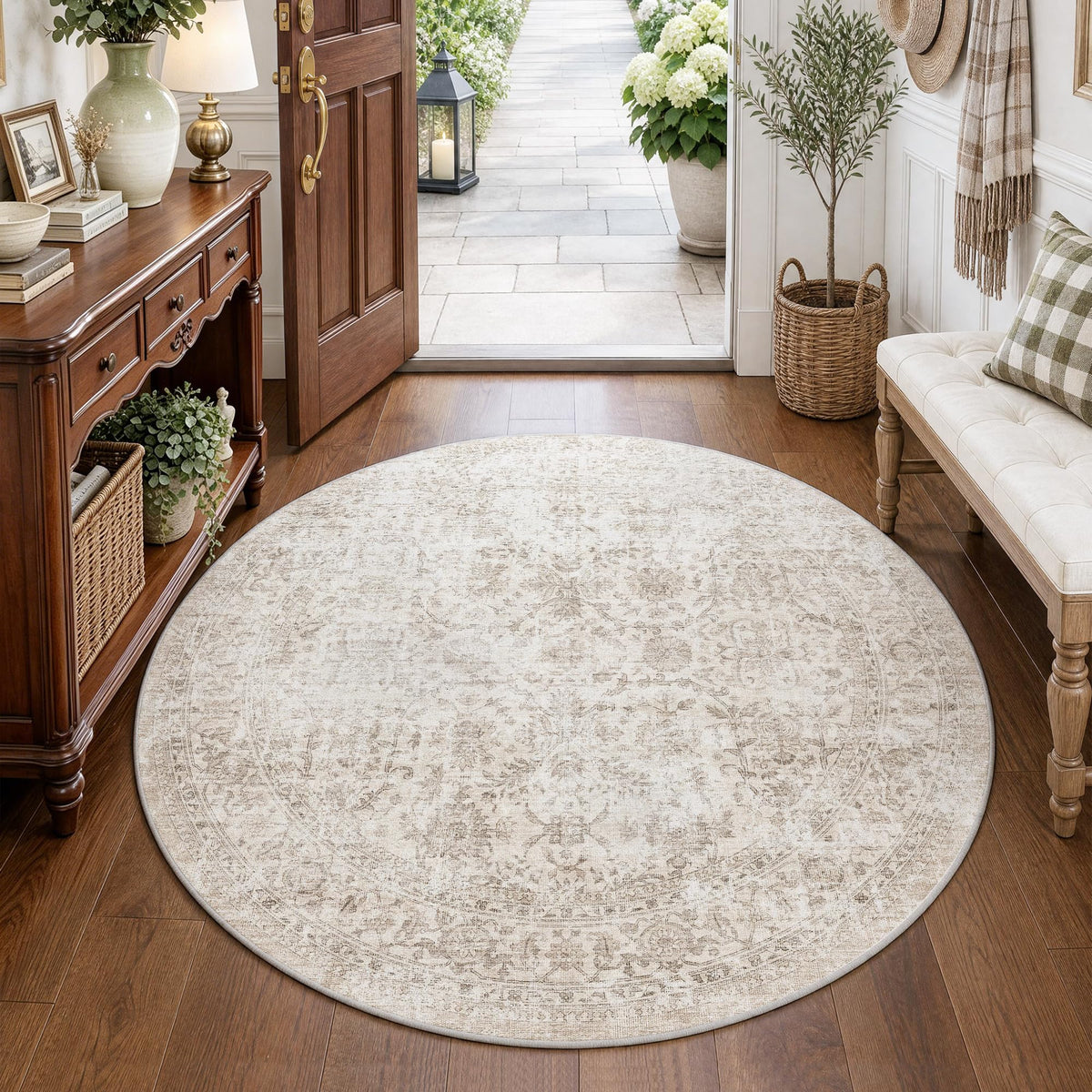 FMFUNCTEX 5x7 Washable Beige Neutral Vintage Retro Area Rug for Living Room