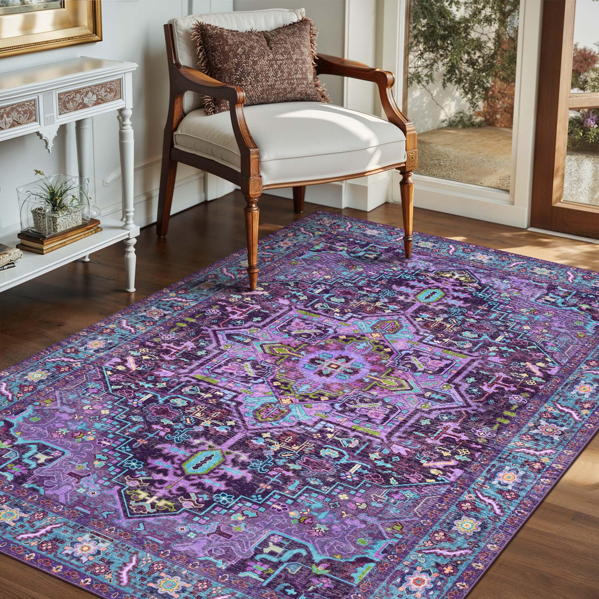 Kokia 9x12 Washable Area Rugs Maroon with Vintage Orient Design, Soft Rug for Living Room or Bedroom, Non-Slip Low Pile Stain Resistance Features, Distressed Medallion Pattern