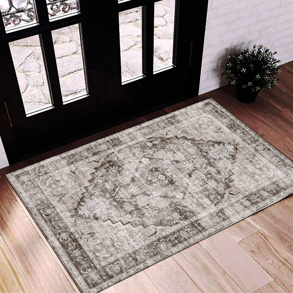 CHAMPLANT Area Rug 4x6 Washable Rug Gray Vintage Traditional Floor Cover Foldable Thin Retro Accent Indoor Distressed Non Slip Carpet Floral Print Mat Bedroom Living Room Bathroom