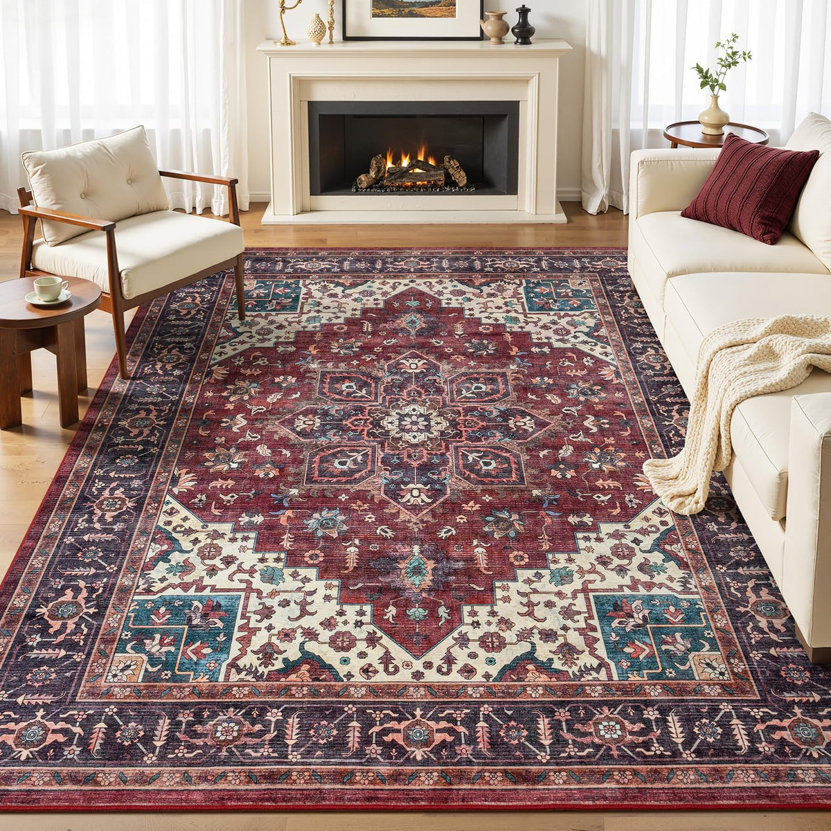 Sage Green 8x10 Area Rug for Living Room, Vintage Boho Large Carpet