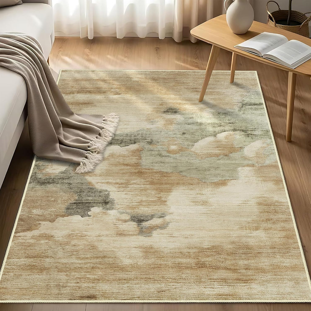 Beige Rug 3x5 Washable Area Rugs for Bedroom Living Room Kitchen Entryway Bedside,Small Modern Marble Abstract Non Slip Carpet