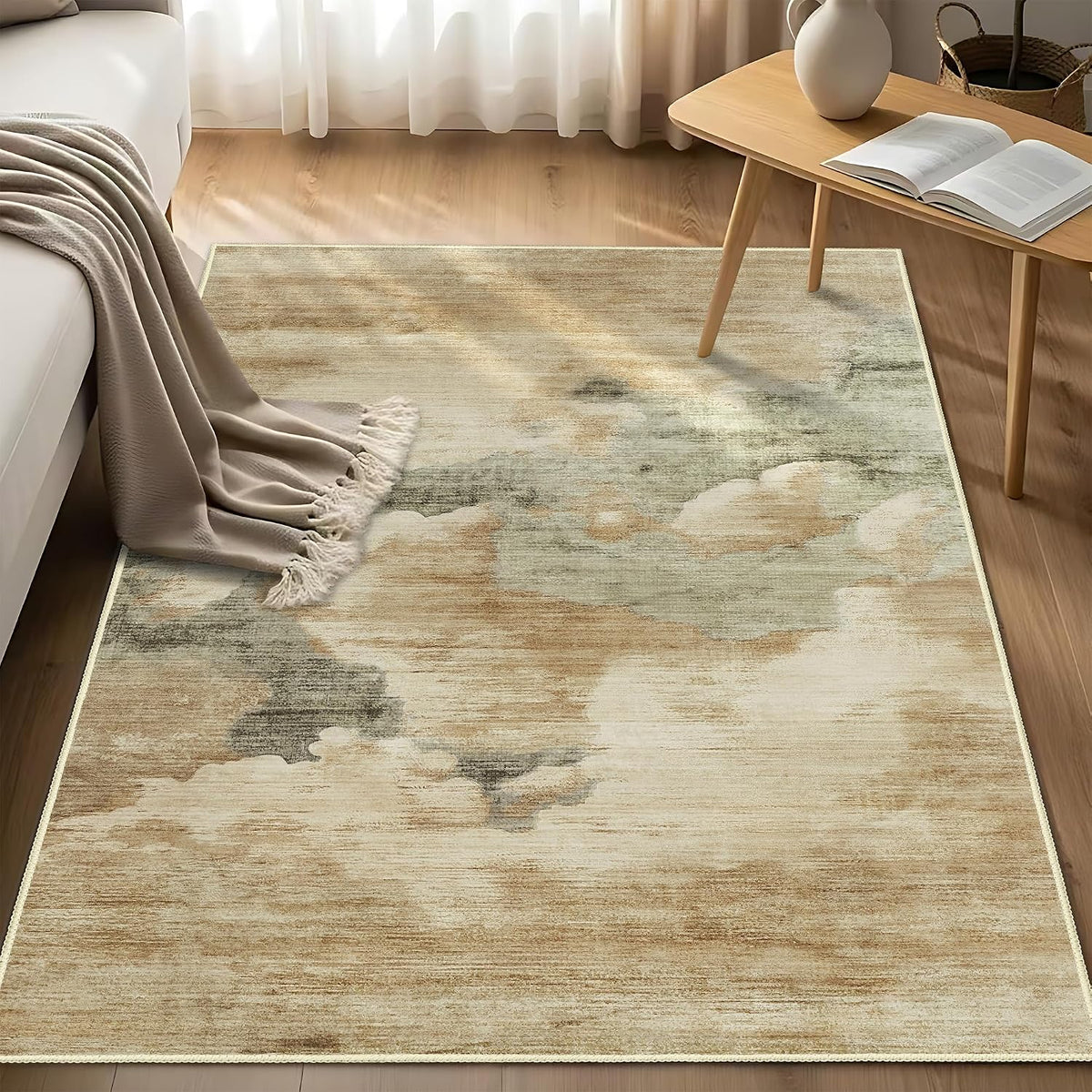 Beige Rug 3x5 Washable Area Rugs for Bedroom Living Room Kitchen Entryway Bedside,Small Modern Marble Abstract Non Slip Carpet