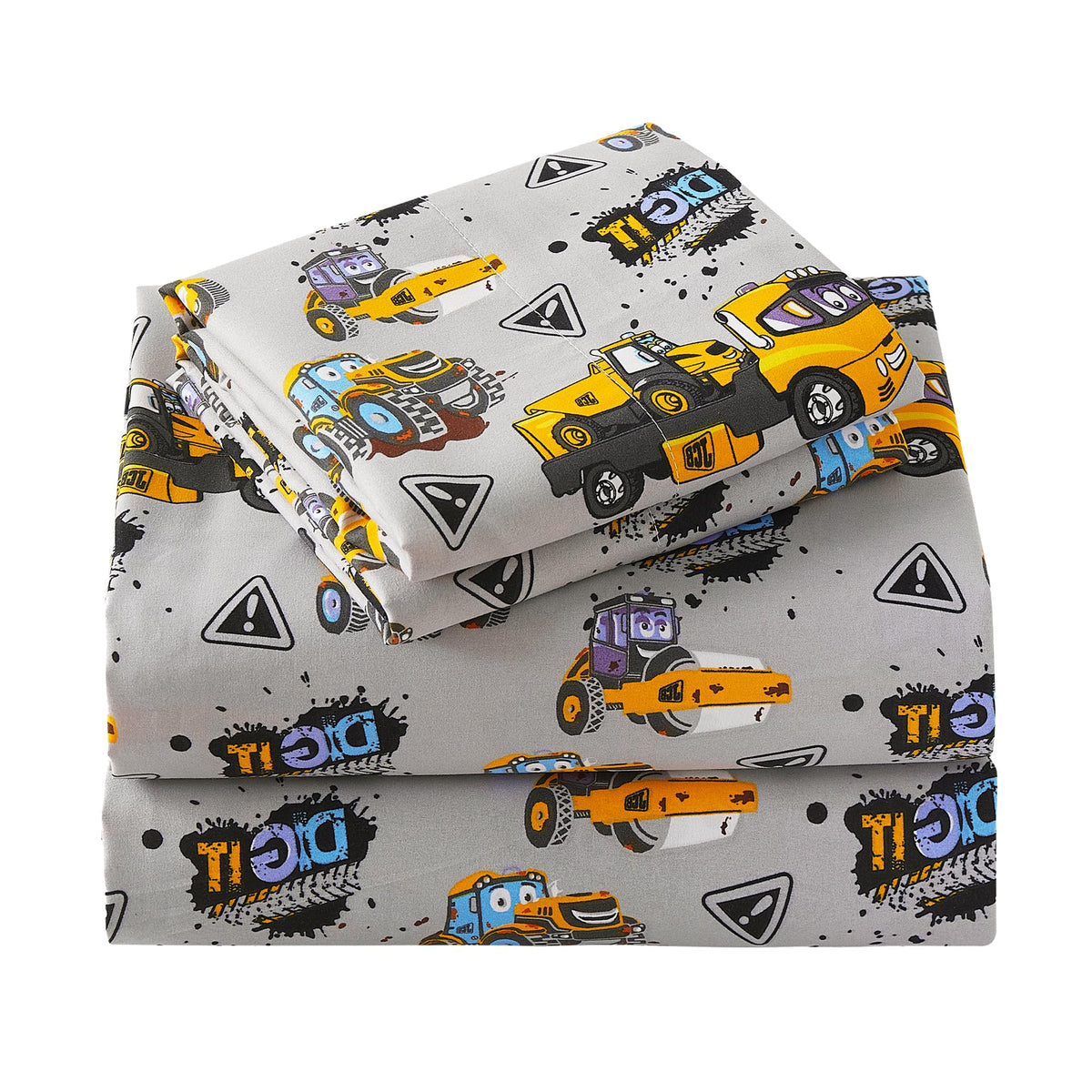 Viviland 3 Pieces Boys Blue Truck Twin Sheet Set - Soft Microfiber Fitted Flat Sheets & Pillowcase - Construction Truck Bedding Sets - for Kids & Toddlers