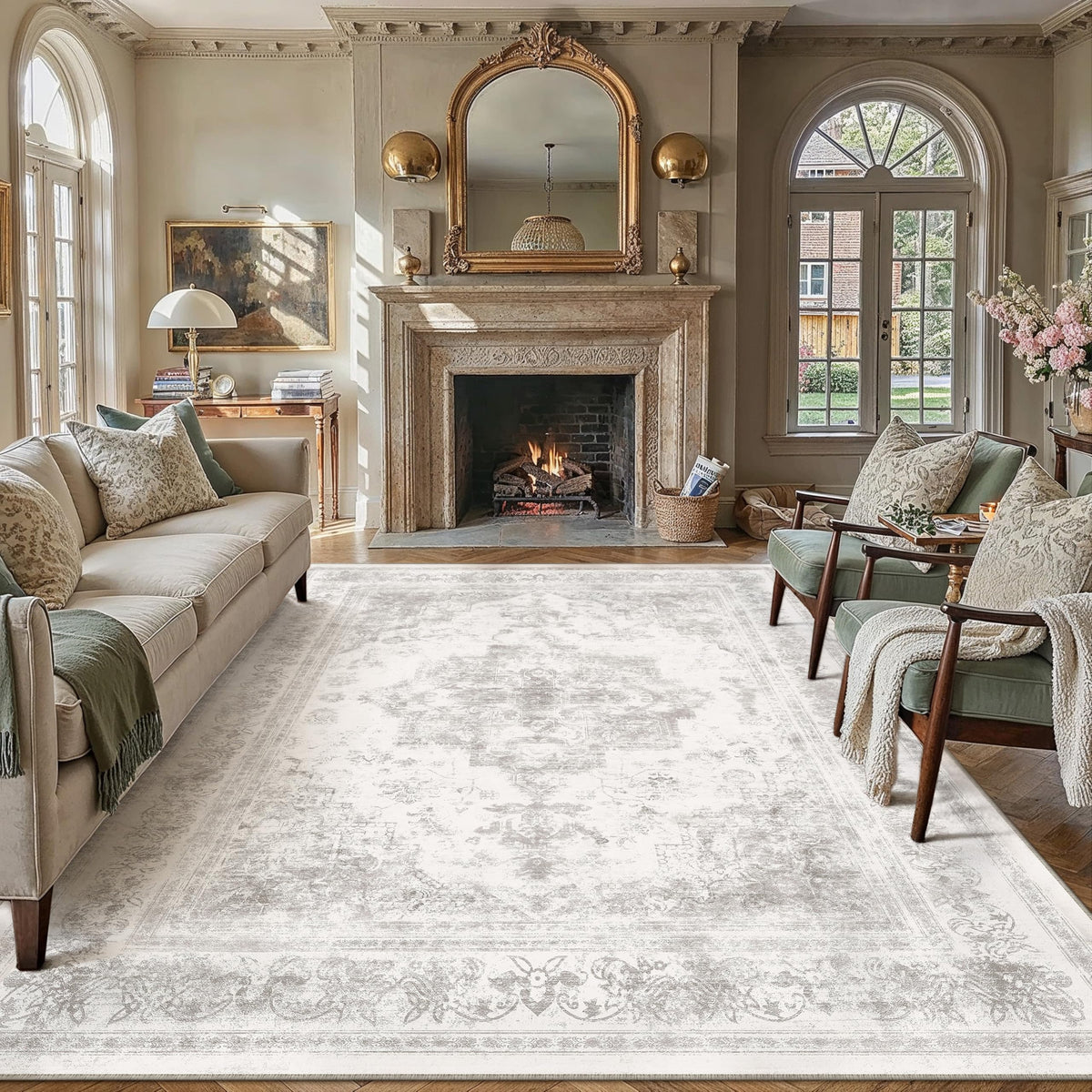 PureCozy Beige Area Rug 5x7 Vintage Farmhouse Floral