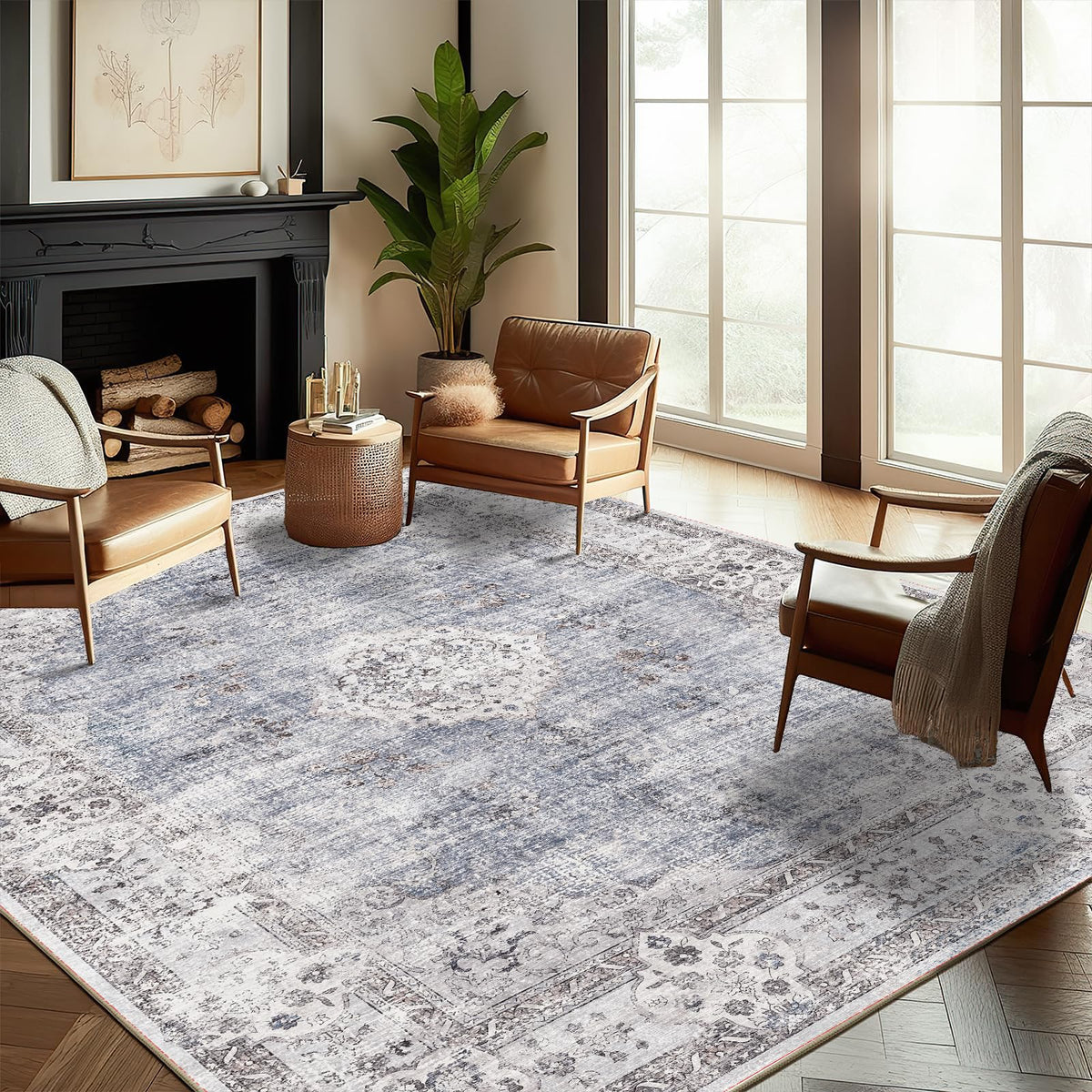 CHAMPLANT Area Rug 4x6 Washable Rug Gray Vintage Traditional Floor Cover Foldable Thin Retro Accent Indoor Distressed Non Slip Carpet Floral Print Mat Bedroom Living Room Bathroom