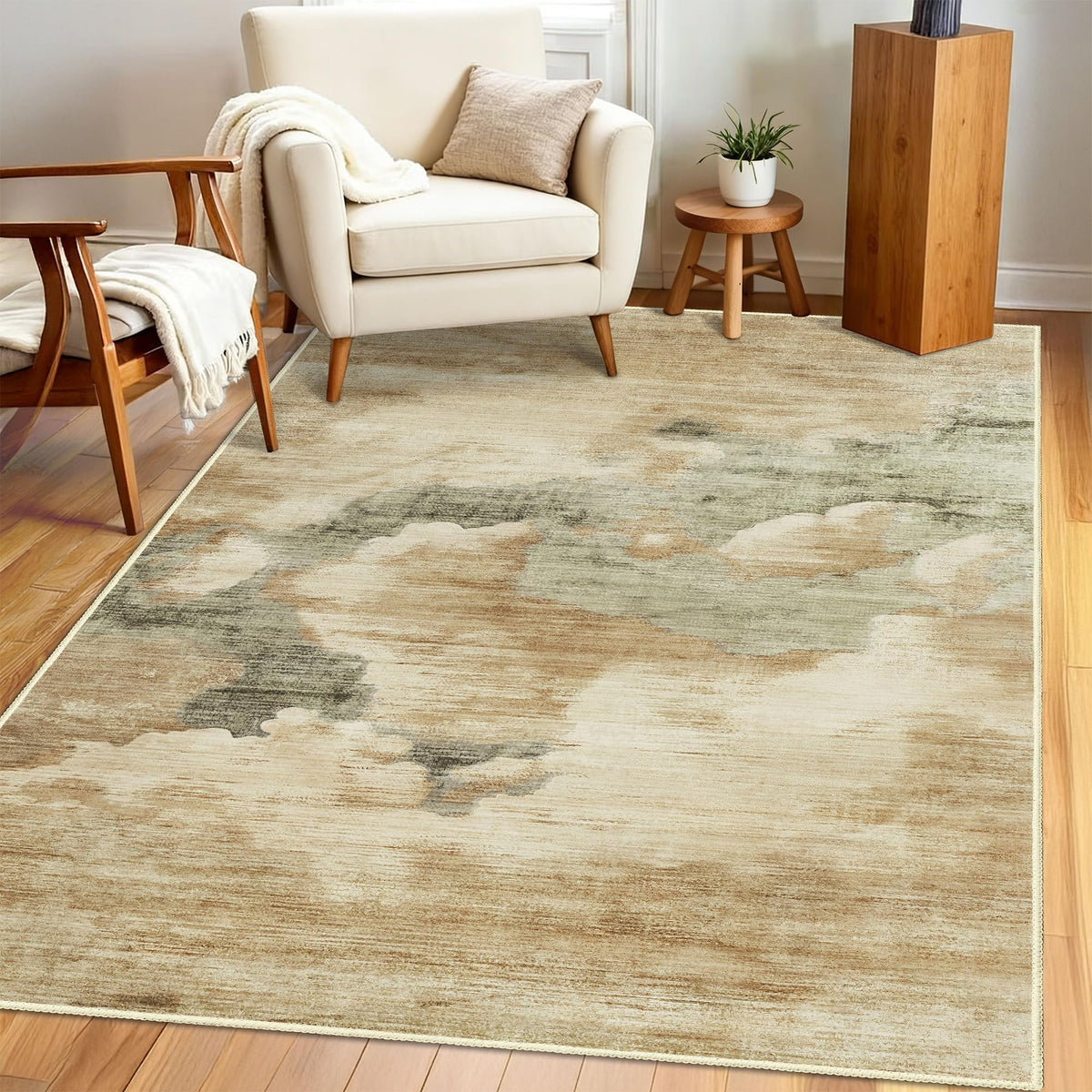 Beige Rug 3x5 Washable Area Rugs for Bedroom Living Room Kitchen Entryway Bedside,Small Modern Marble Abstract Non Slip Carpet