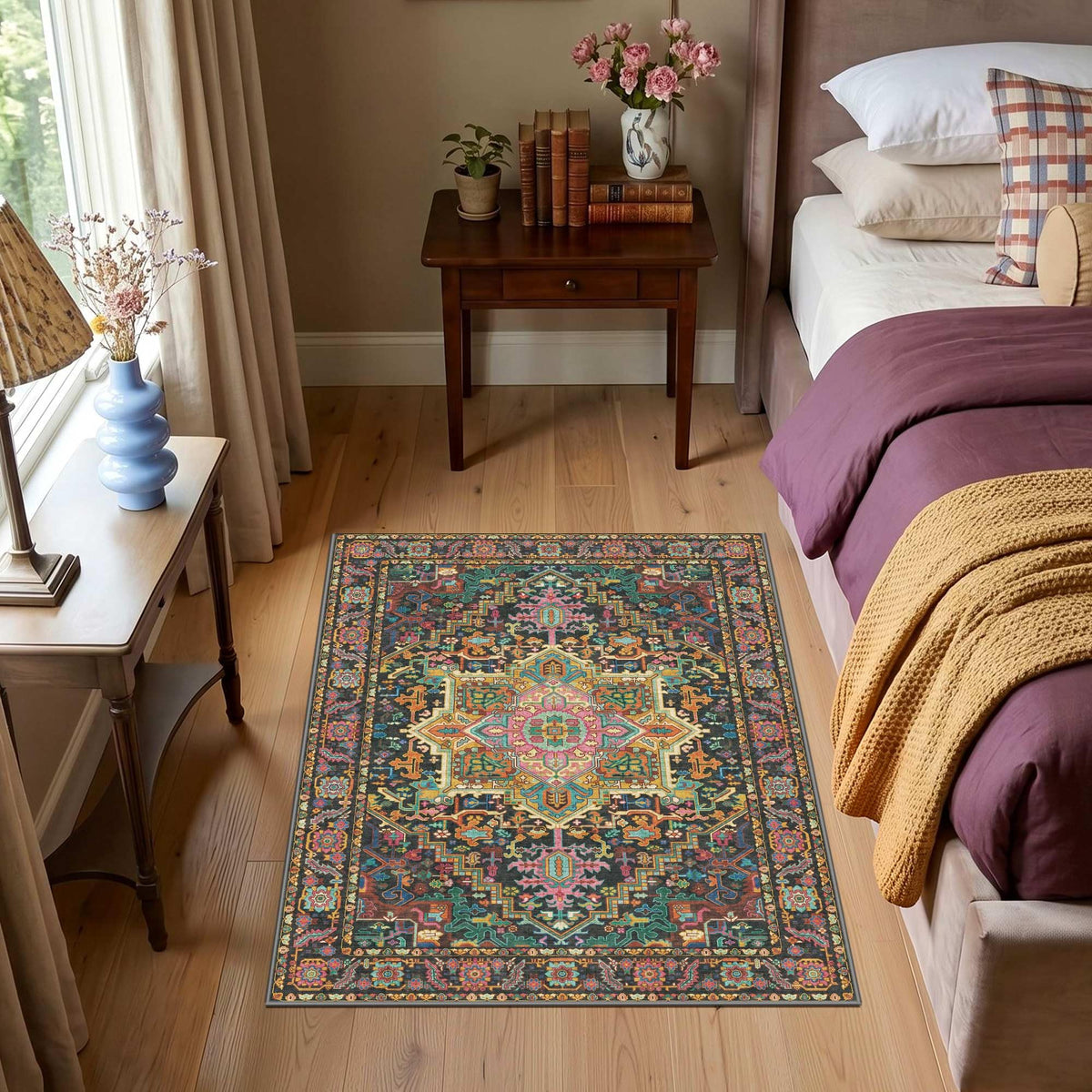Kokia 9x12 Washable Area Rugs Maroon with Vintage Orient Design, Soft Rug for Living Room or Bedroom, Non-Slip Low Pile Stain Resistance Features, Distressed Medallion Pattern
