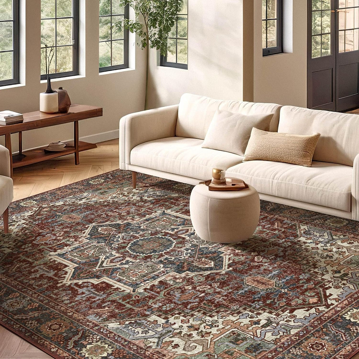 Kokia 9x12 Washable Area Rugs Maroon with Vintage Orient Design, Soft Rug for Living Room or Bedroom, Non-Slip Low Pile Stain Resistance Features, Distressed Medallion Pattern