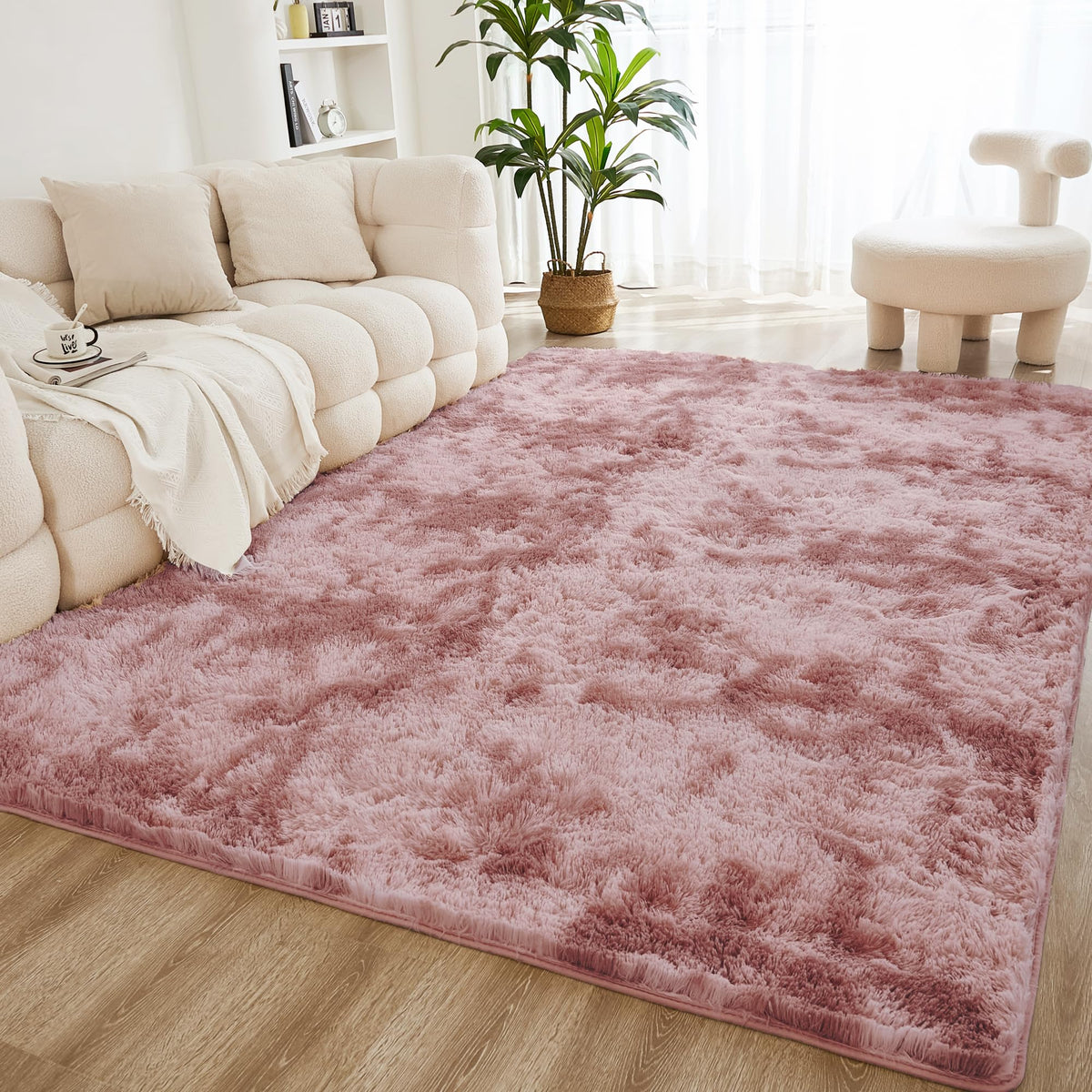 Litanika 4x6 Shag Area Rug for Bedroom, Tie-Dyed Beige Plush Rug