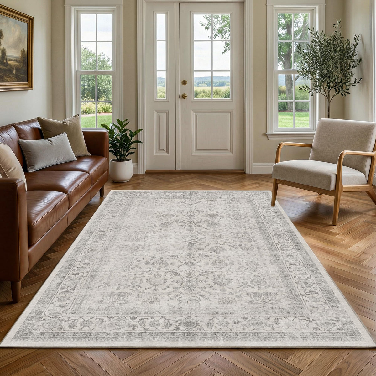 FMFUNCTEX 5x7 Washable Beige Neutral Vintage Retro Area Rug for Living Room