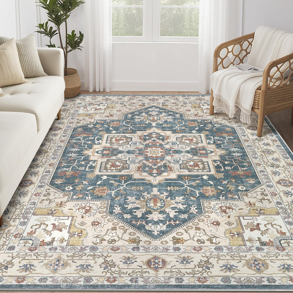 Vintage 9x12 Washable Area Rugs for Living Room, Non Slip, Brown