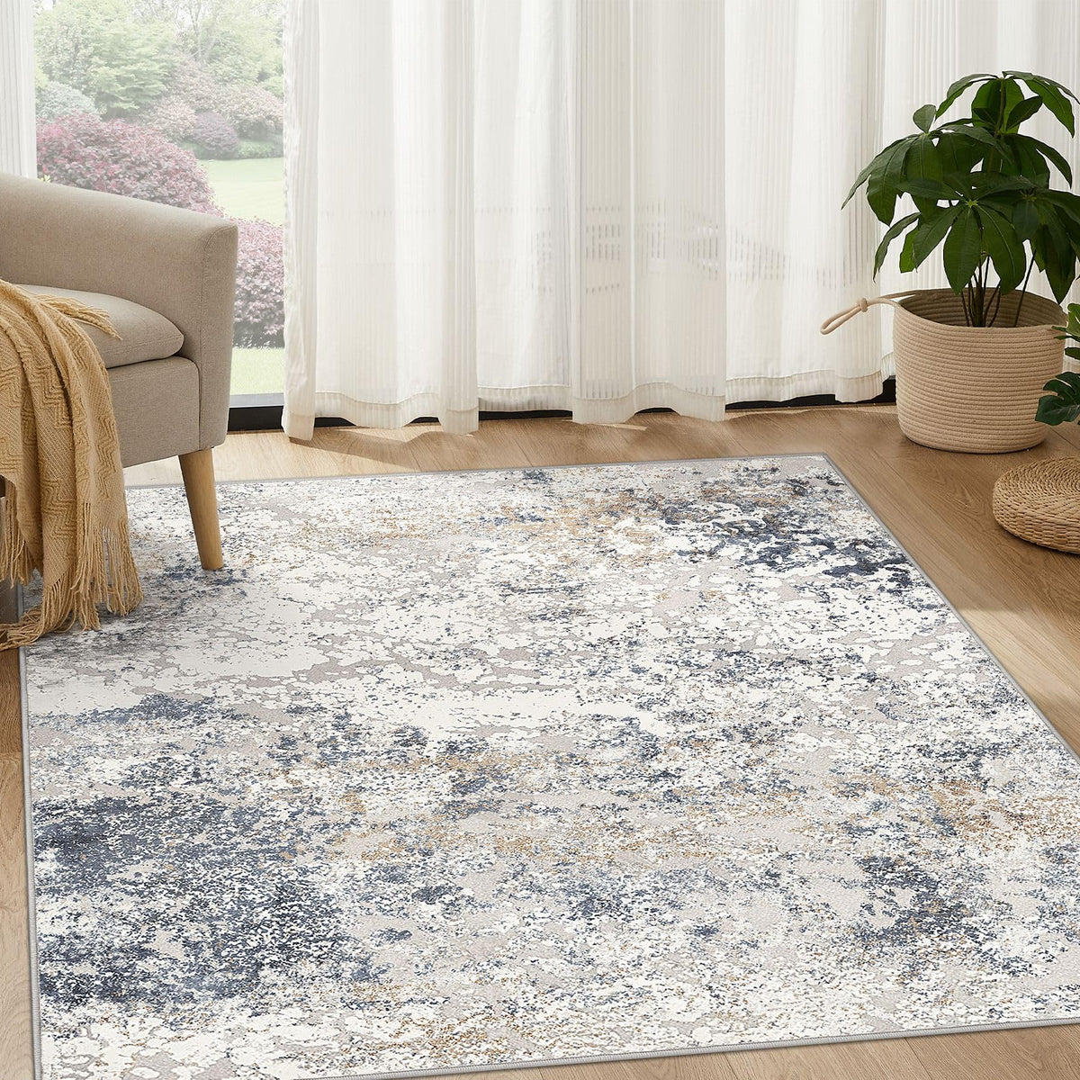 DMOYEST Area Rug Living Room Rugs 5x7 Washable Abstract Beige Blue Carpet