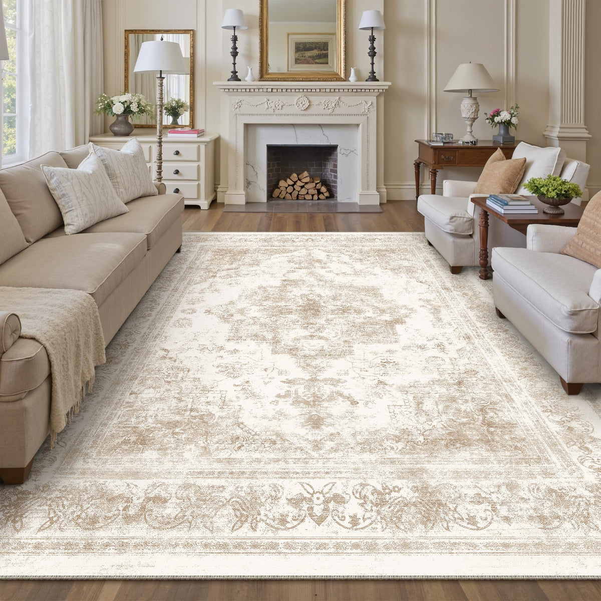 PureCozy Beige Area Rug 5x7 Vintage Farmhouse Floral