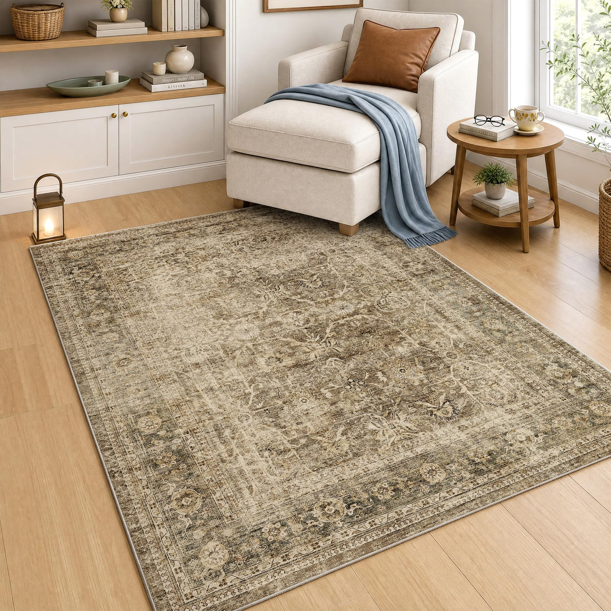 FMFUNCTEX 5x7 Washable Beige Neutral Vintage Retro Area Rug for Living Room