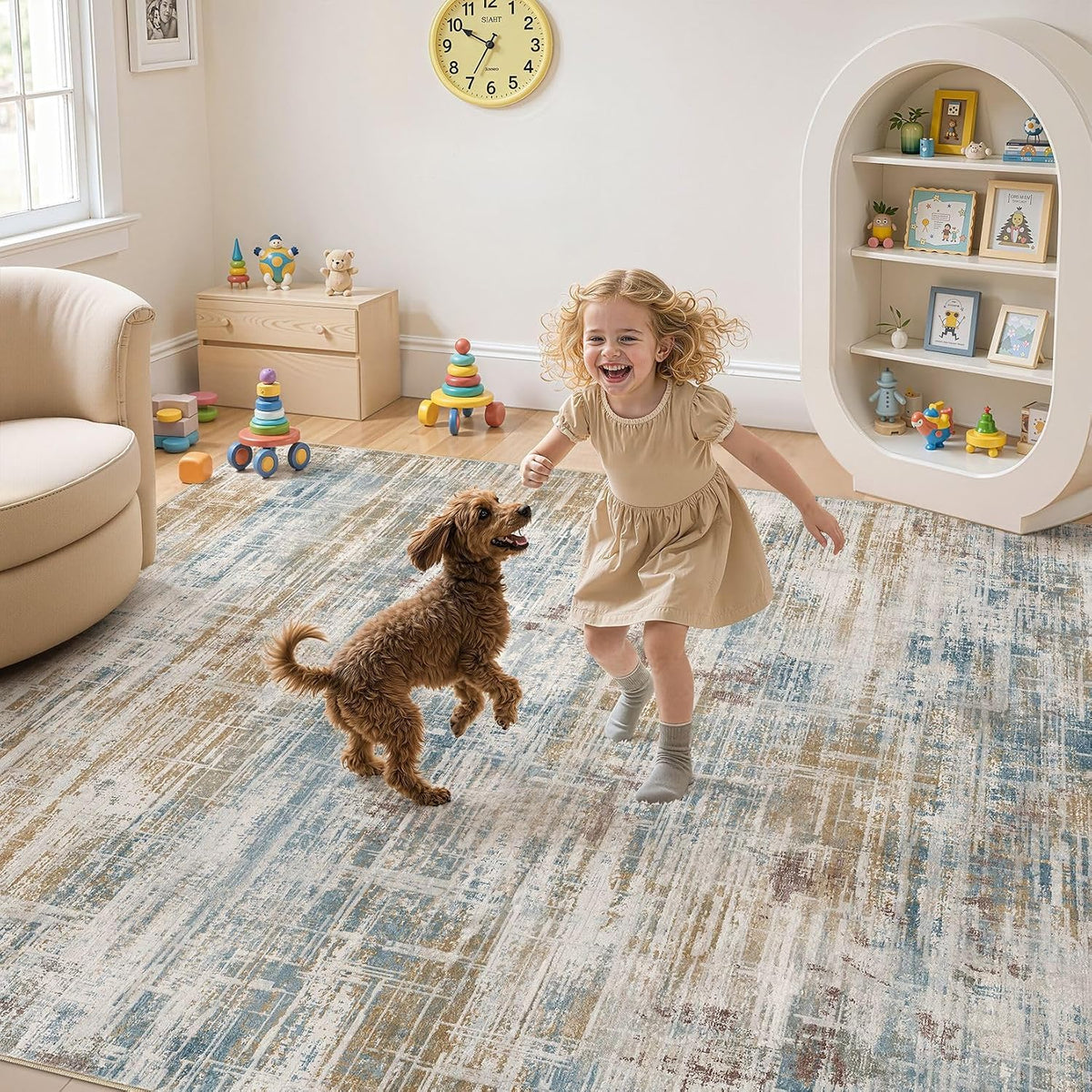 UERMEI 6x9 Area Rug for Living Room Washable Abstract Blue Brown Carpet