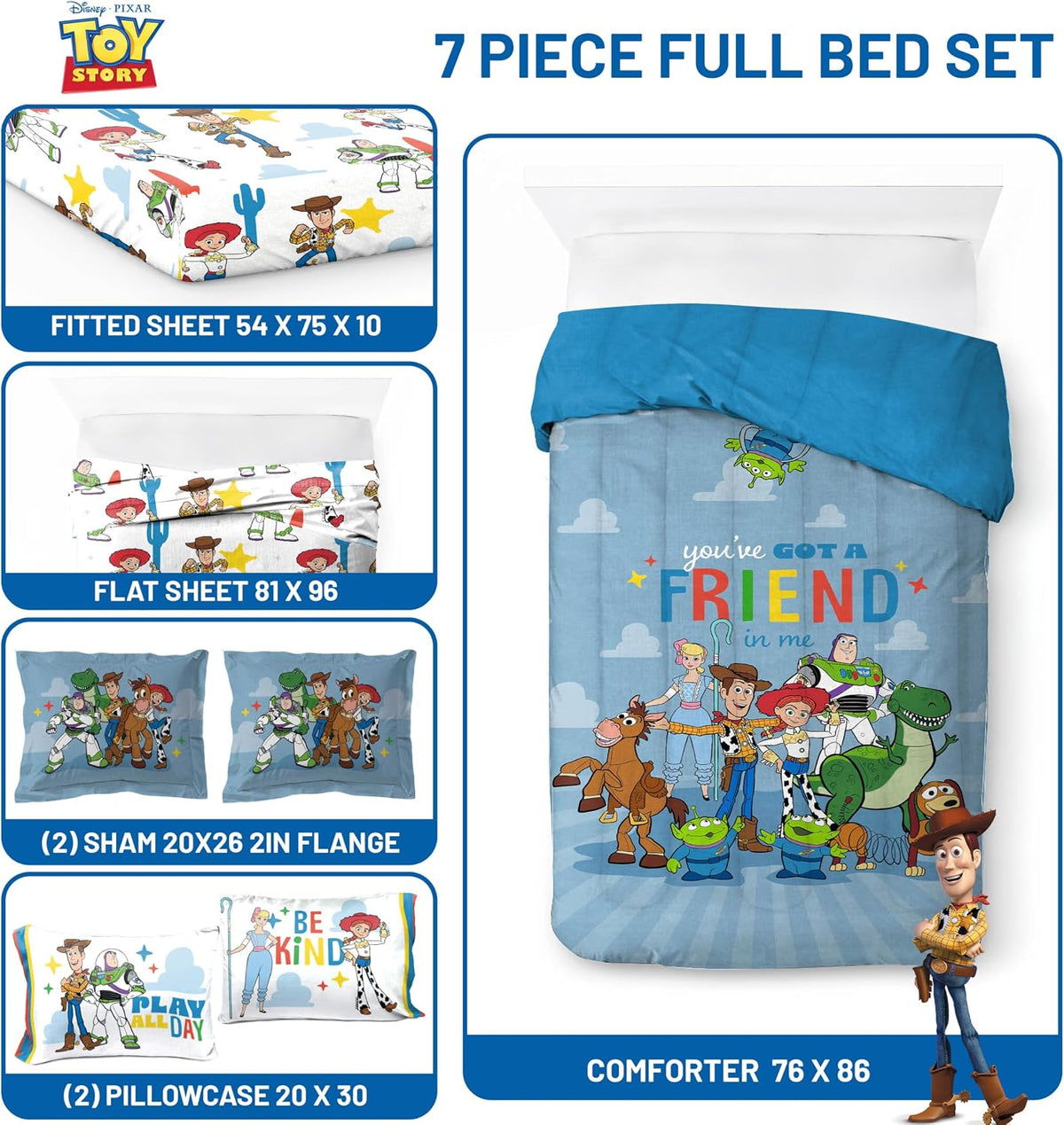 Jay Franco Kids Comforter Set Includes Sheets and Pillow Cover - Soft and Cozy Bed Set for Stylish Room Decor, Blue - Toy Story, 7 Piece Full