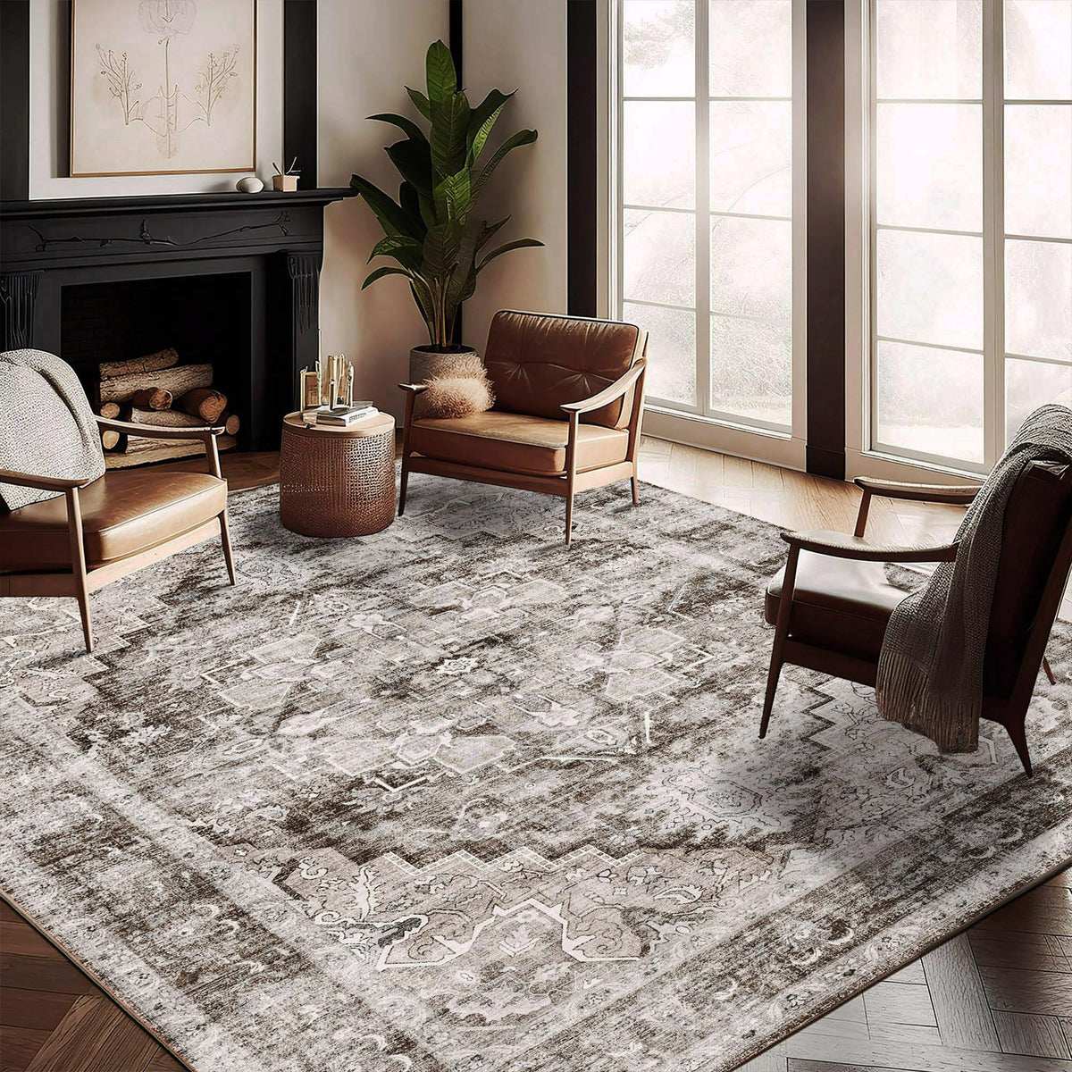 CHAMPLANT Area Rug 4x6 Washable Rug Gray Vintage Traditional Floor Cover Foldable Thin Retro Accent Indoor Distressed Non Slip Carpet Floral Print Mat Bedroom Living Room Bathroom