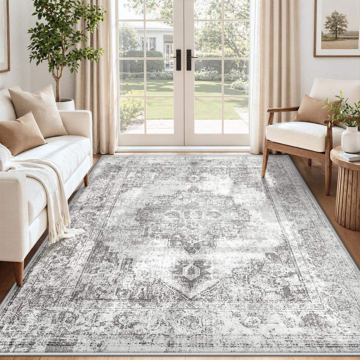 Area Rug 5x7 Vintage Rug: Washable Indoor Medallion Rugs Low Pile Distressed Floor Carpet Retro Accent Rug for Living Room Bedroom Kitchen Dining Table Home Office(Beige, 5'x7')
