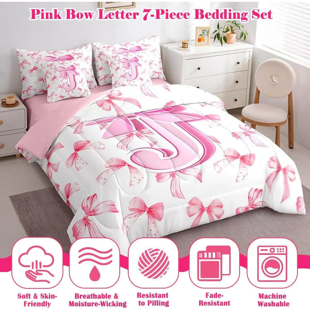 Feelyou Toddler Girl 7-Piece Monogrammed Initial J Bedding Set - Cute Bow Comforter, Sheets, Pillowcases Bed-in-a-Bag, Princess Room Soft Pink Aesthetic Cozy Pink Bedroom Setup, Toddler Girl Bedding Set, Cozy Bed Setup