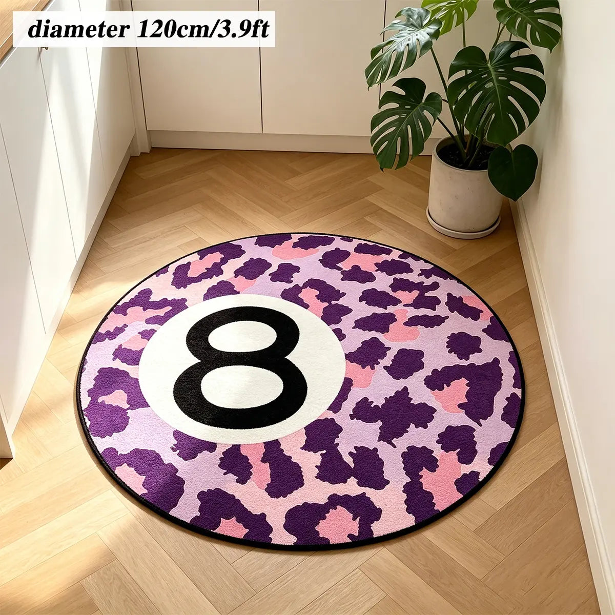 8 Ball Leopard Print Round Rug for Game Room, Man Cave, Dorm & Teen Bedroom, Soft Non-Slip Round Accent Rug, Anti Skid Rug, Perfect Retro Gift