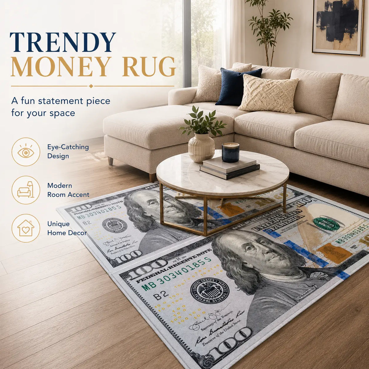 AISOON Durable Area Rug - 100 Dollar Bill Print, Non-Slip, Stain-Resistant, Ultra Thin, Polyamide, Multicolor, 22"x53"/23"x71" Decorative Rug for Entryway, Bedroom Indoor Floor Use