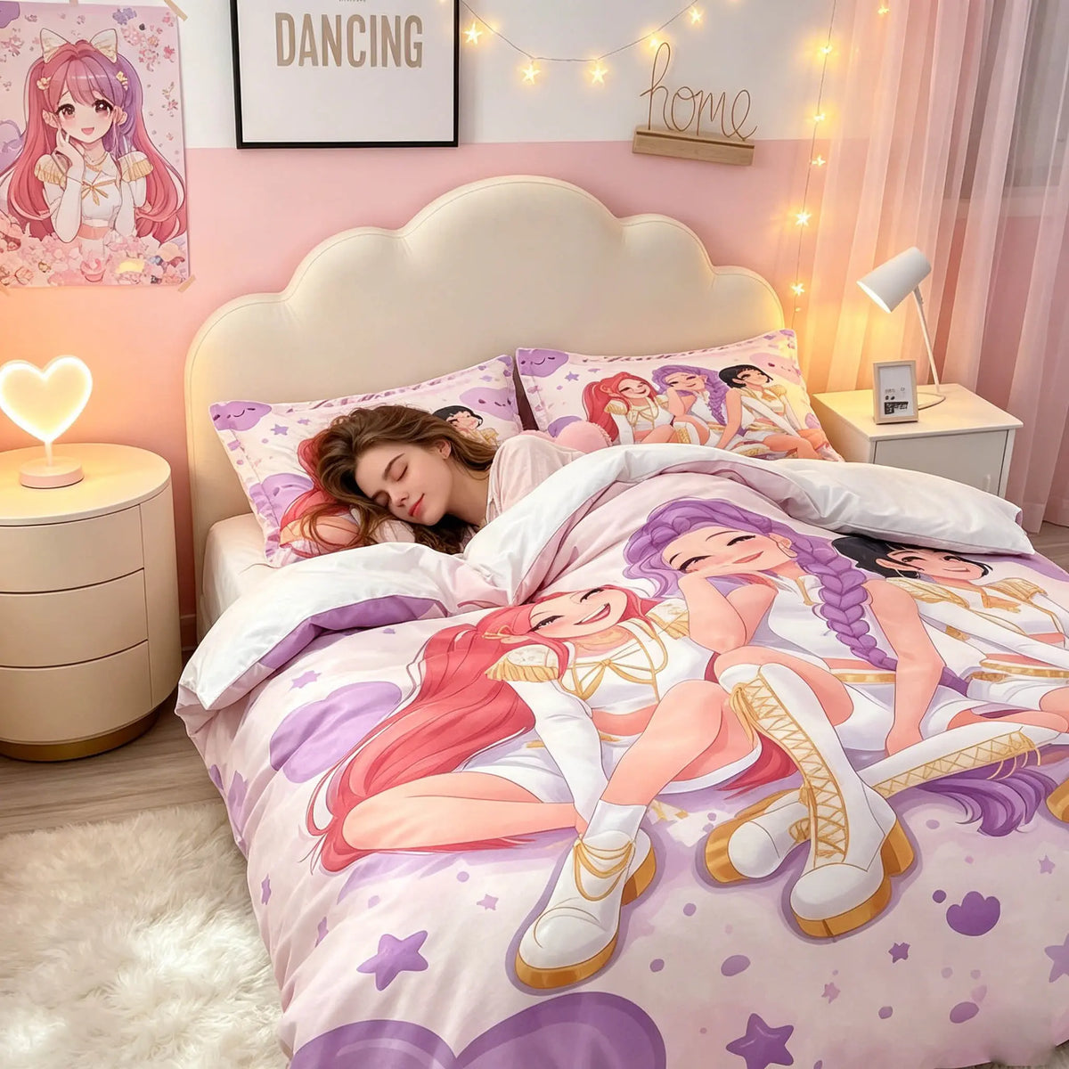 3-Piece Cartoon Anime Girl Pattern Duvet Cover Set, Soft Comfortable Fabric, No Padding, Ideal for Bedroom, Hotel, School Dormitory, Cute Bedding