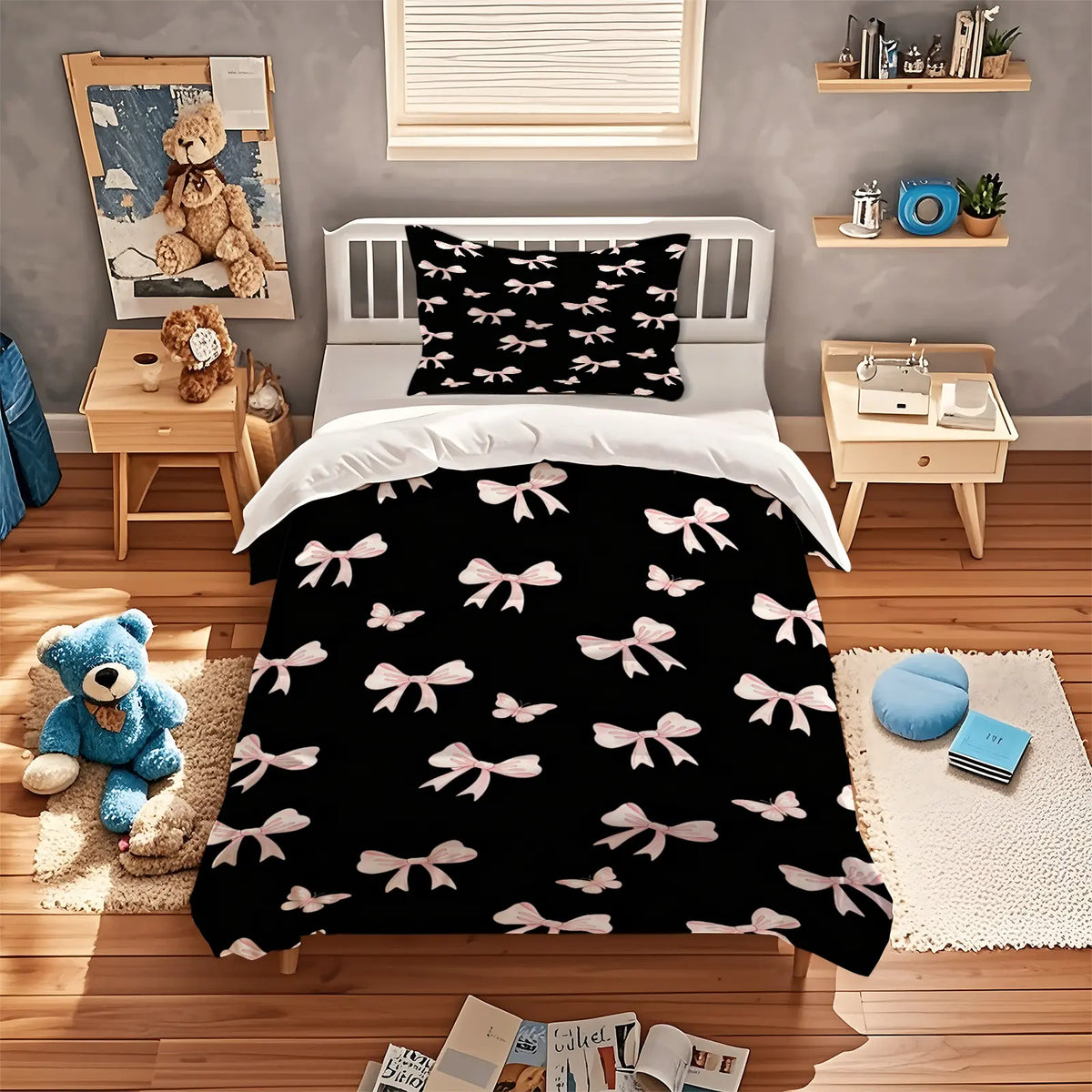 Bow print pattern soft, durable and High Quality bedding duvet set, including 1 duvet cover and 1 or 2 pillowcases, without a core or pillow, suitable for children or adults as gifts, modern style fashionable bedroom bed decoration