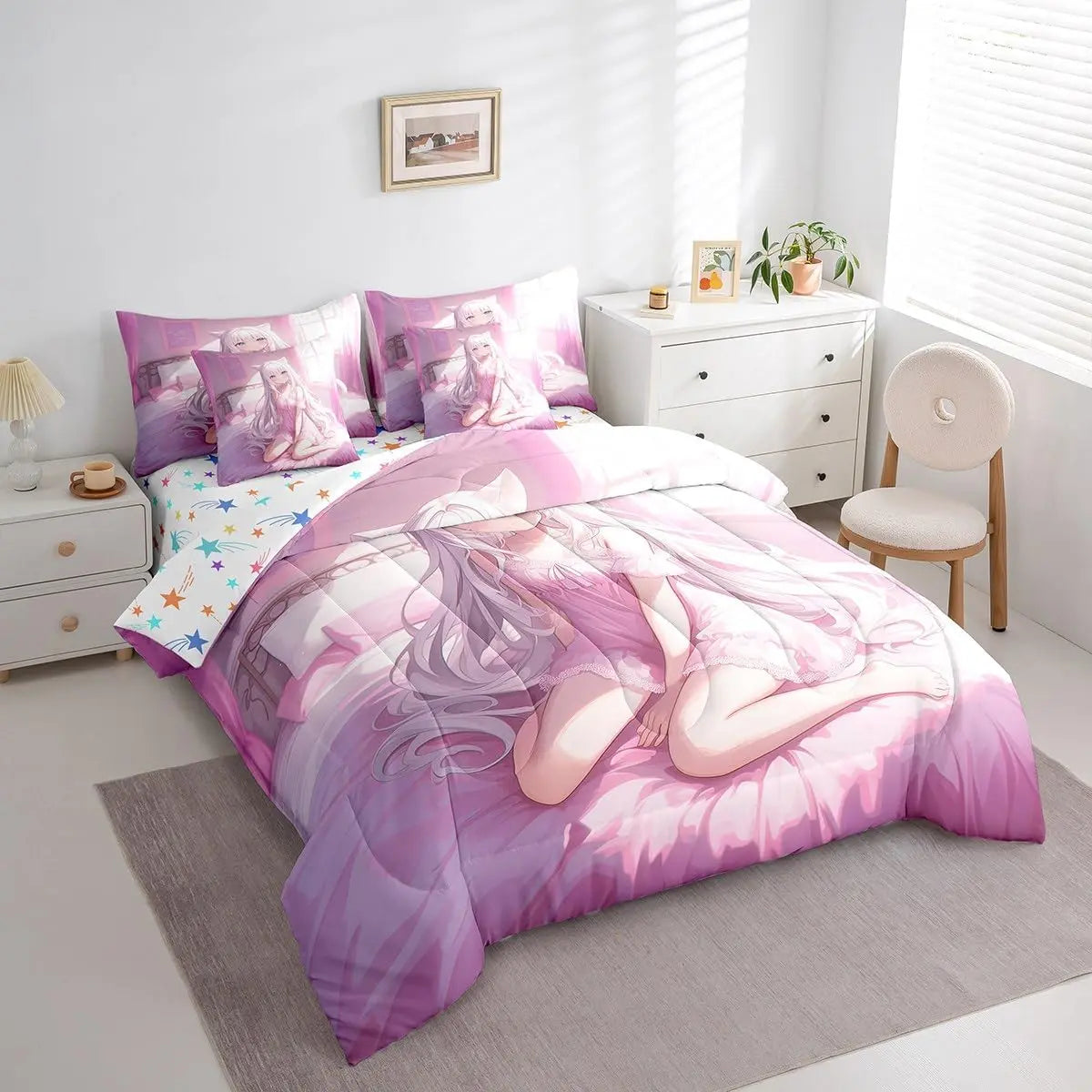 Japanese Anime 7 Piece Comforter Set,Anime Bedding Set Kawaii Japanese Style Bed in A Bag Cartoon Japan Animation Sheet Set Adult Women Bedroom,Pink, Multi-Size