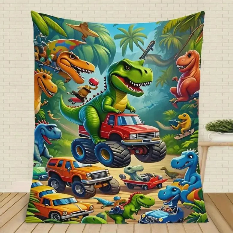 Cute Dinosaur Pattern Multifunctional Blanket for Kids, Soft Flannel Dino-Car Throw, Lightweight Travel Blanket for Travel Days, Machine Wash Easy Care, Toddler Jurassic T-Rex Bedding, Christmas Gift Option