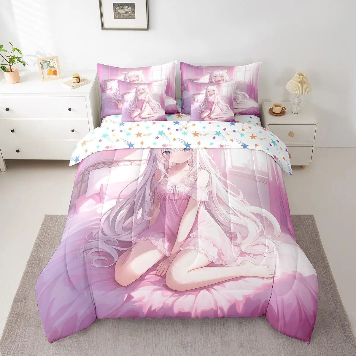 Japanese Anime 7 Piece Comforter Set,Anime Bedding Set Kawaii Japanese Style Bed in A Bag Cartoon Japan Animation Sheet Set Adult Women Bedroom,Pink, Multi-Size
