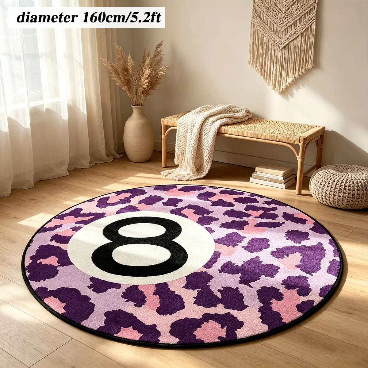 8 Ball Leopard Print Round Rug for Game Room, Man Cave, Dorm & Teen Bedroom, Soft Non-Slip Round Accent Rug, Anti Skid Rug, Perfect Retro Gift