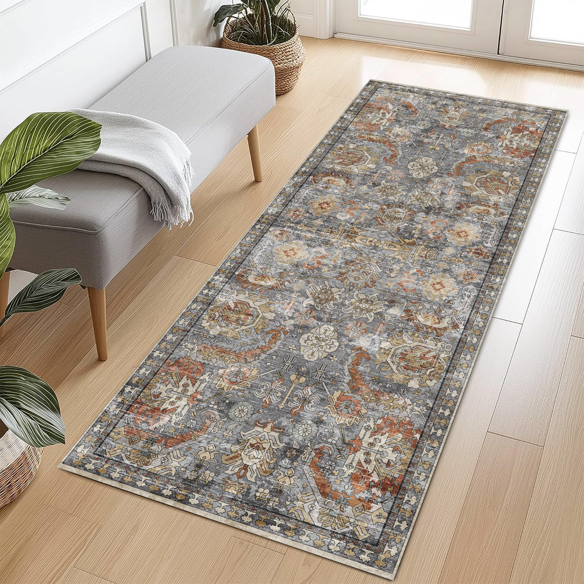 RUGSURE Washable Area Rug - 1/6 Thick - Stain & Water Resistant Non-Slip - Resistant Rug for Living Room, Bedroom, Nursery, Pet & Child Friendly, Vintage Charm Area Rugs (Grey+LightTeal, 3' x 5 ')