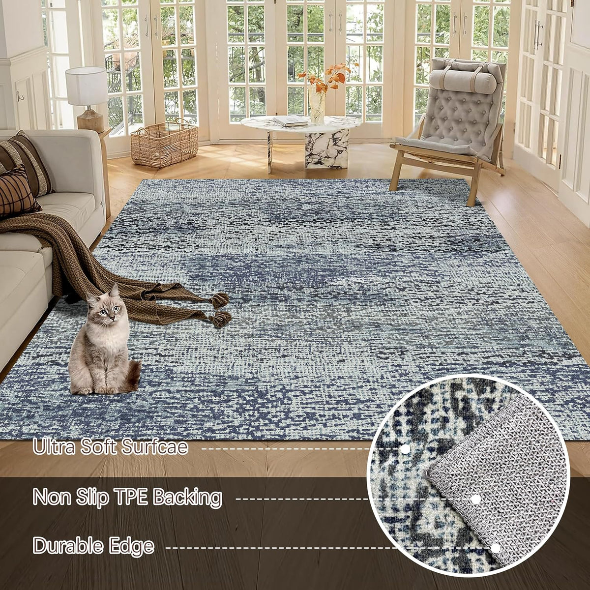 RUGSURE Washable Area Rug - 1/6 Thick - Stain & Water Resistant Non-Slip - Resistant Rug for Living Room, Bedroom, Nursery, Pet & Child Friendly, Vintage Charm Area Rugs (Grey+LightTeal, 3' x 5 ')