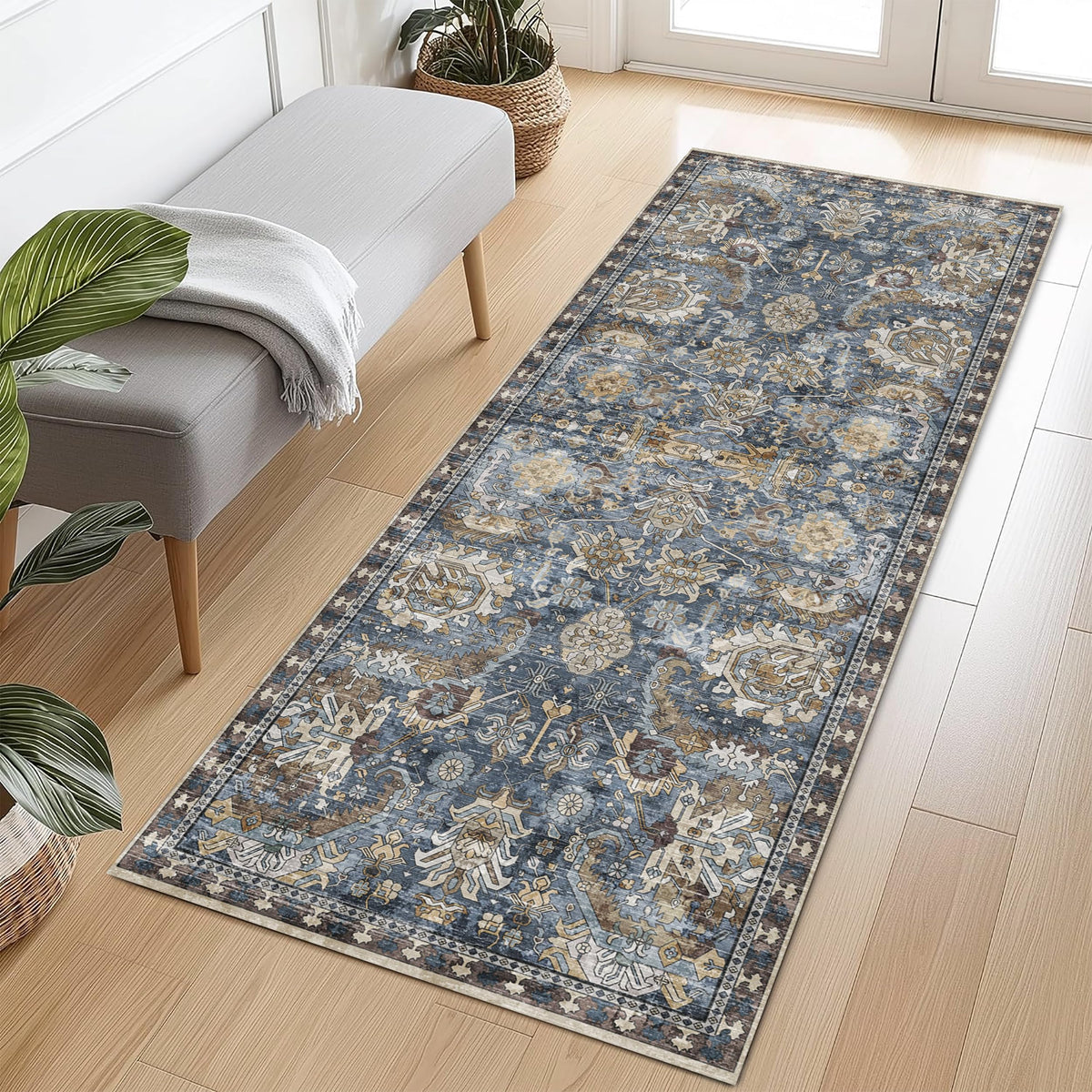 RUGSURE Washable Area Rug - 1/6 Thick - Stain & Water Resistant Non-Slip - Resistant Rug for Living Room, Bedroom, Nursery, Pet & Child Friendly, Vintage Charm Area Rugs (Grey+LightTeal, 3' x 5 ')