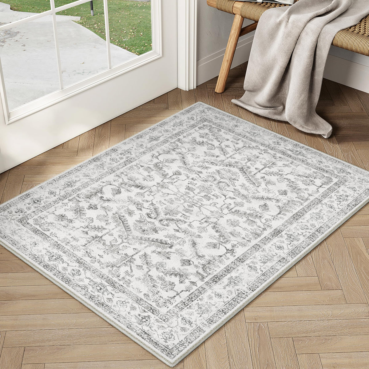 PureCozy Beige Area Rug 5x7 Vintage Farmhouse Floral