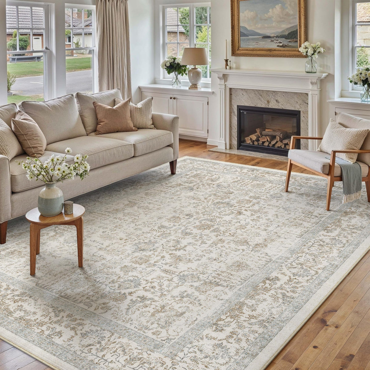 PureCozy Beige Area Rug 5x7 Vintage Farmhouse Floral