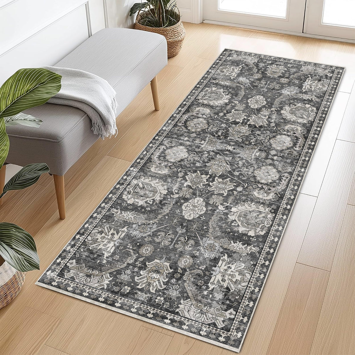 RUGSURE Washable Area Rug - 1/6 Thick - Stain & Water Resistant Non-Slip - Resistant Rug for Living Room, Bedroom, Nursery, Pet & Child Friendly, Vintage Charm Area Rugs (Grey+LightTeal, 3' x 5 ')