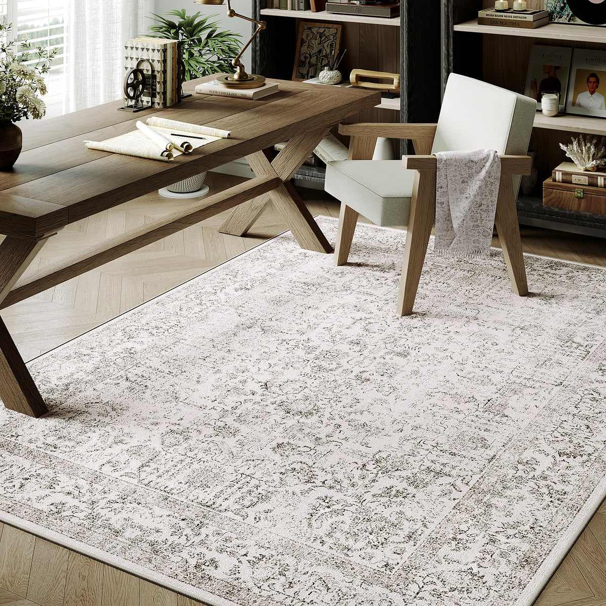 PureCozy Beige Area Rug 5x7 Vintage Farmhouse Floral