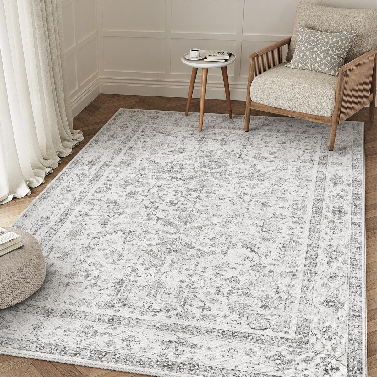 PureCozy Beige Area Rug 5x7 Vintage Farmhouse Floral