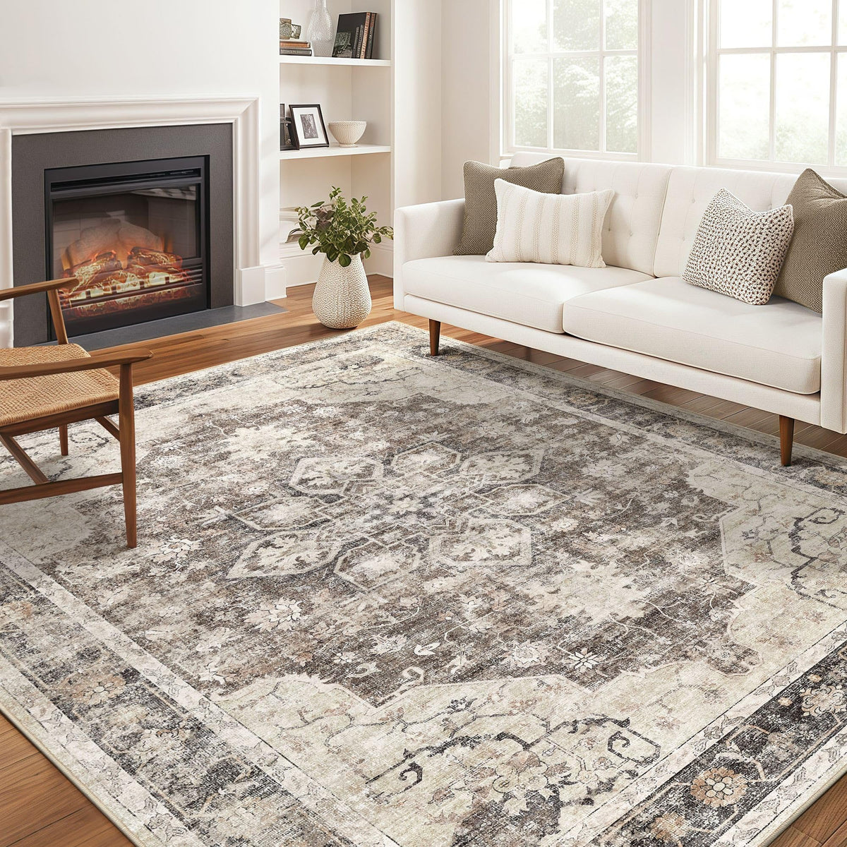 Vintage 9x12 Washable Area Rugs for Living Room, Non Slip, Brown