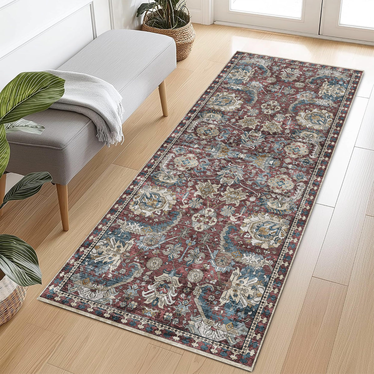 RUGSURE Washable Area Rug - 1/6 Thick - Stain & Water Resistant Non-Slip - Resistant Rug for Living Room, Bedroom, Nursery, Pet & Child Friendly, Vintage Charm Area Rugs (Grey+LightTeal, 3' x 5 ')