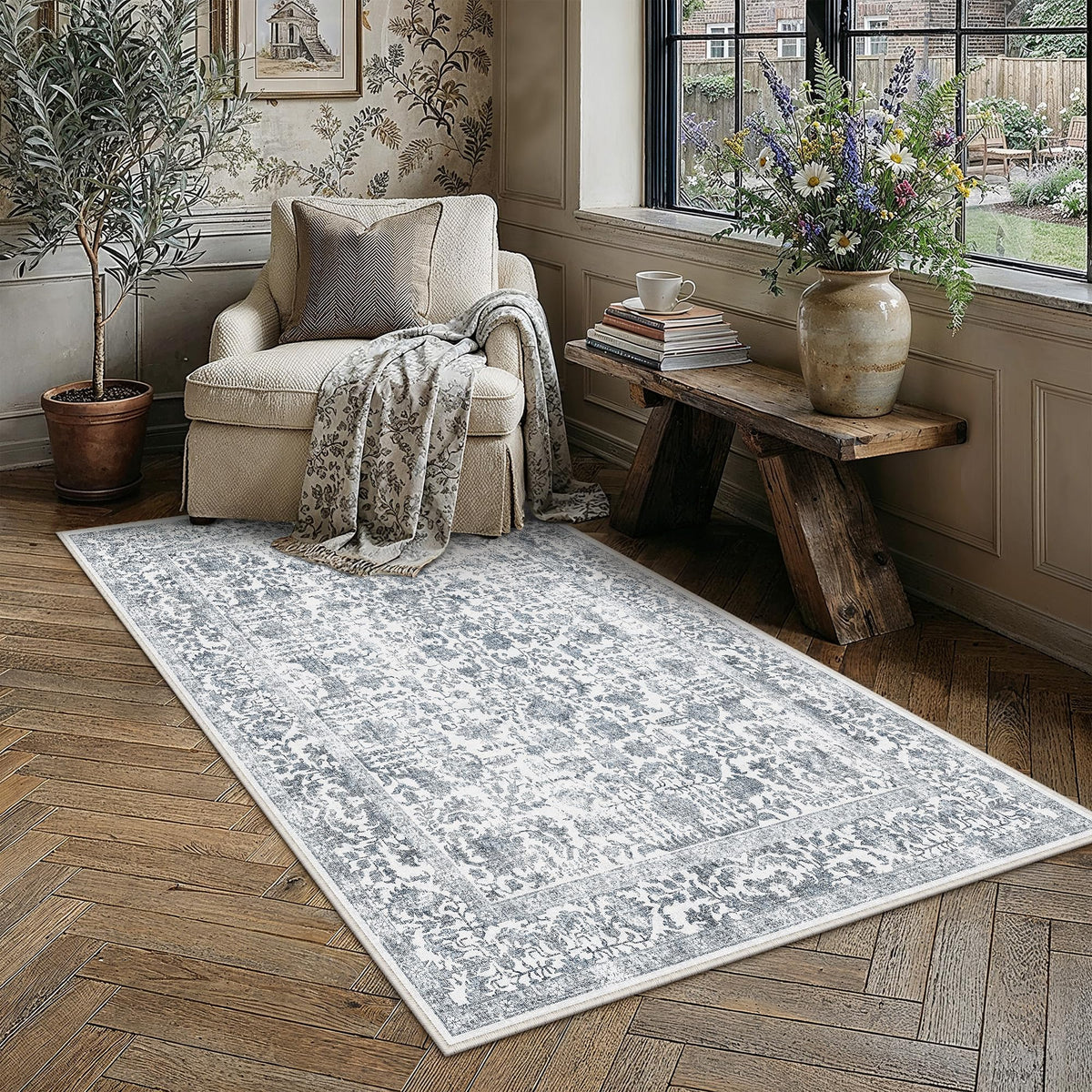 PureCozy Beige Area Rug 5x7 Vintage Farmhouse Floral