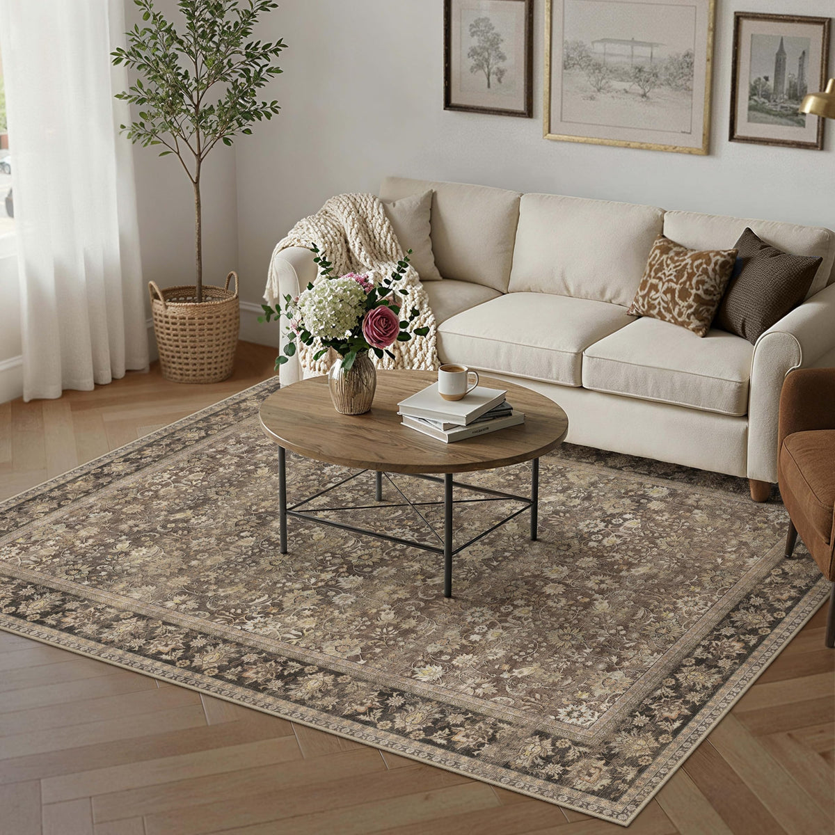 HUGEAR 2x6 Brown Vintage Floral Washable Runner Rug for Hallway